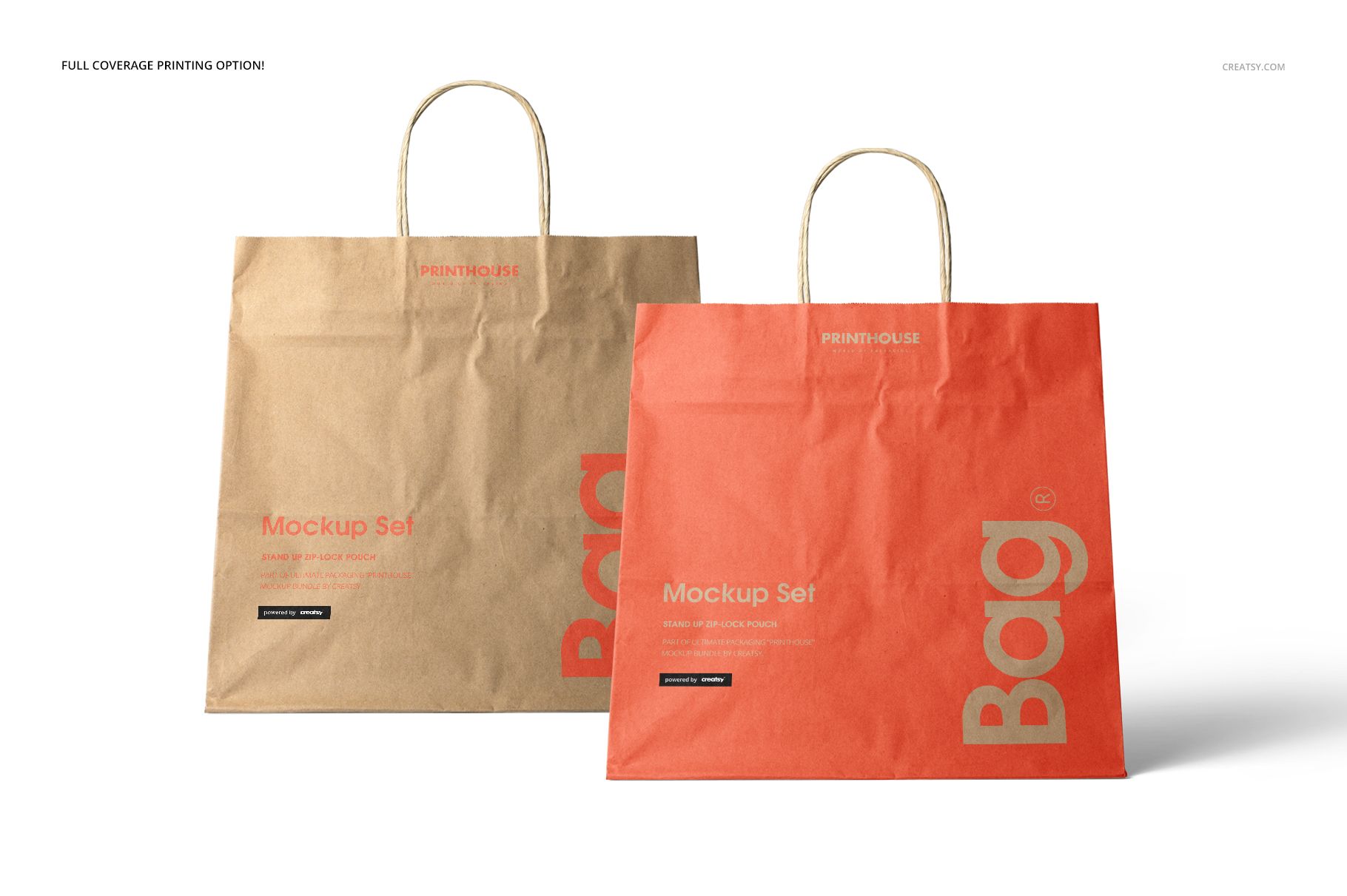 PSD mockup showing a pair of kraft shopping bags, one in natural brown and the other in orange, with visible handles.