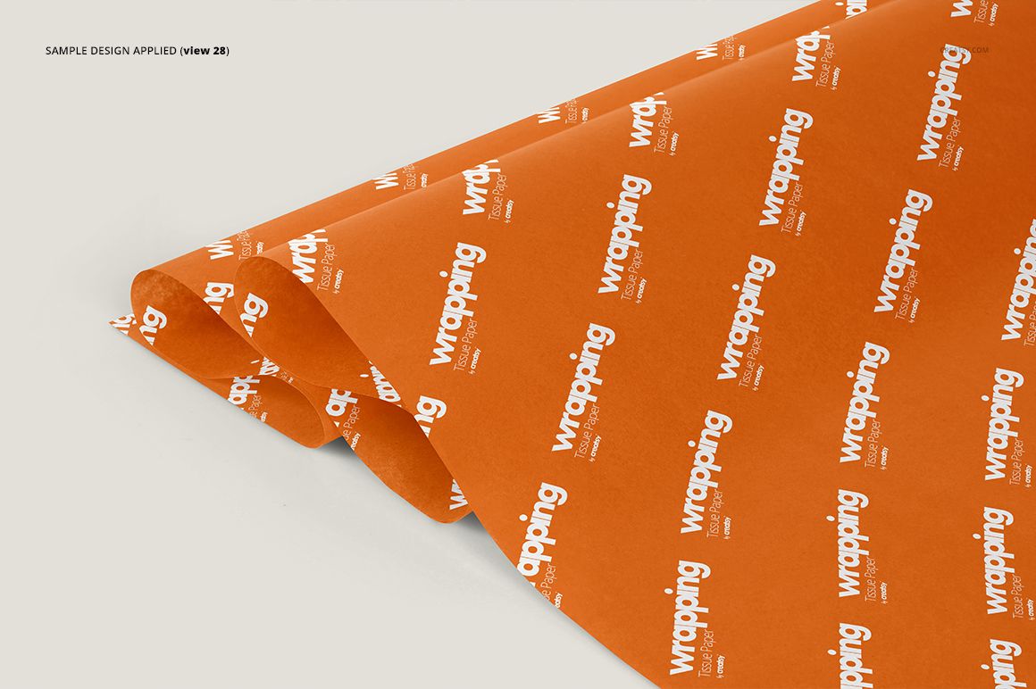 Layered orange tissue paper mockup featuring a white repeating text design, shown from an angled top perspective.