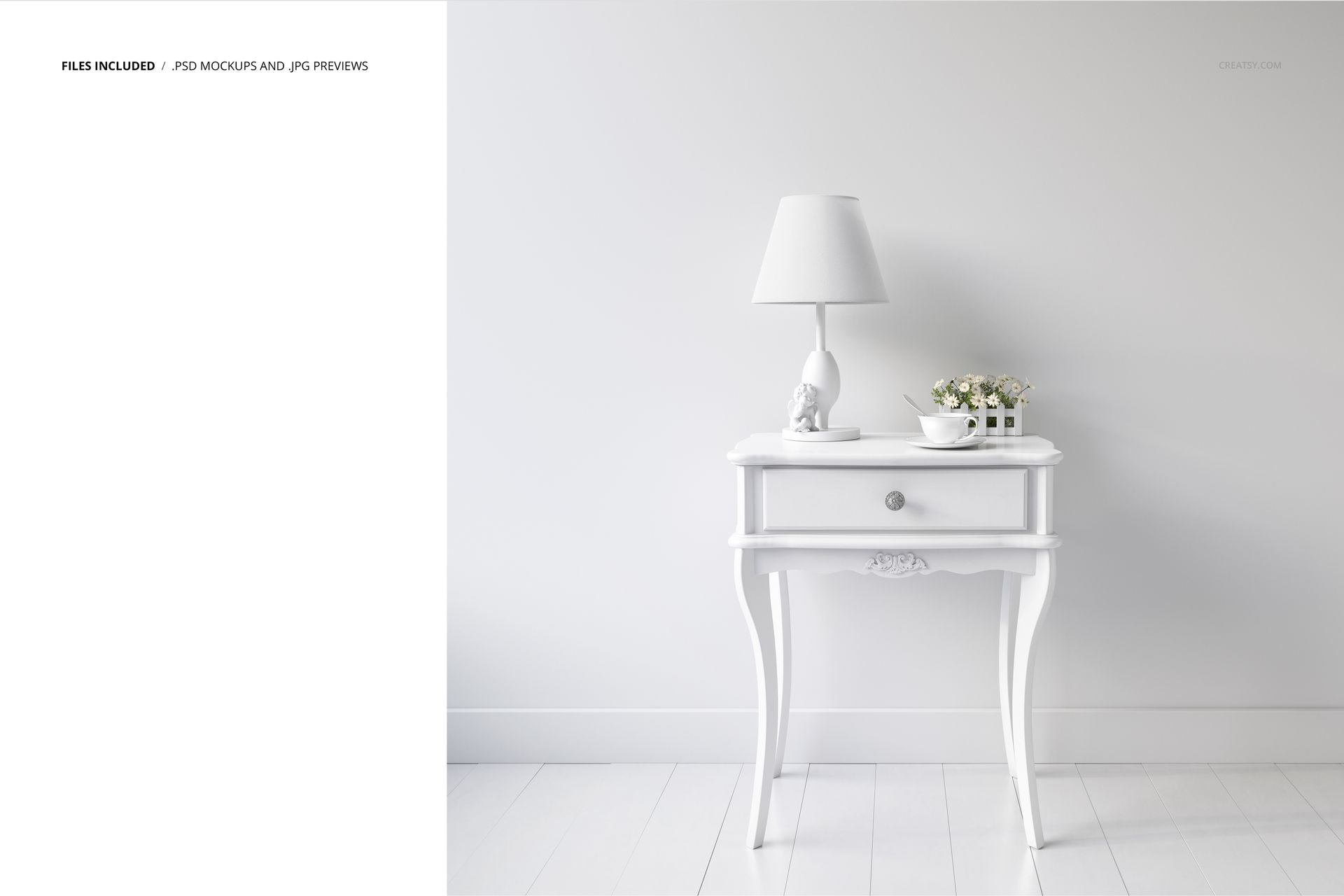 Classic console table mockup in white with curved legs, shown from the front in a minimal room with lamp and decor.