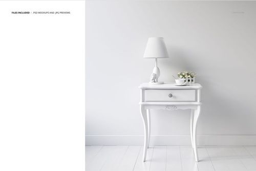 Classic console table mockup in white with curved legs, shown from the front in a minimal room with lamp and decor.