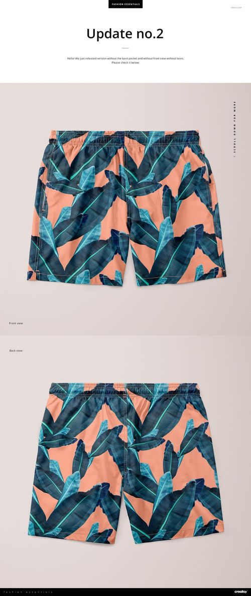 Men's swim trunks mockup featuring tropical leaf design in blue and teal tones over a peach-colored fabric.