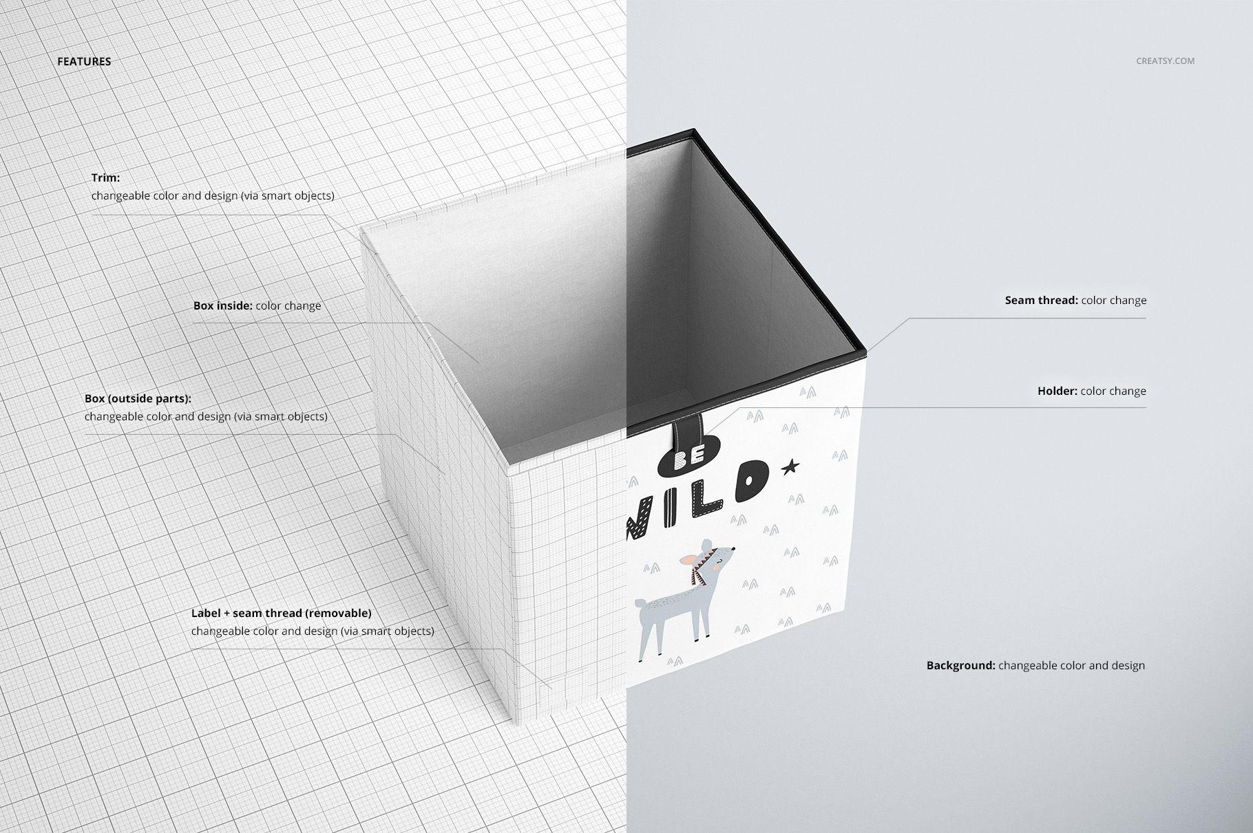 Folding storage box mockup showing a rectangular fabric box with a playful animal print, split view of interior and exterior.