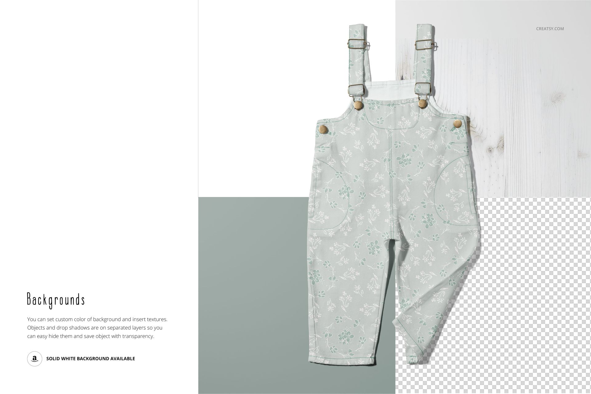 Single pair of children's dungarees in pale green with small botanical prints, shown on a PSD mockup with contrasting backgrounds.