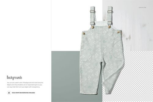 Single pair of children's dungarees in pale green with small botanical prints, shown on a PSD mockup with contrasting backgrounds.