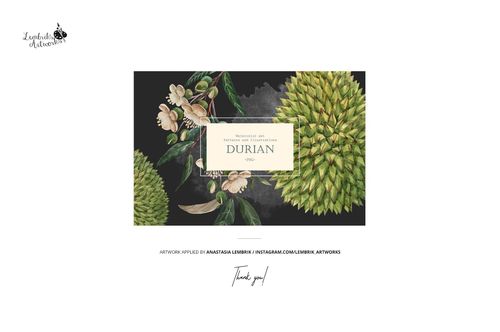 Front view of a rectangular candle box mockup featuring a durian-themed design with green fruit and floral elements.