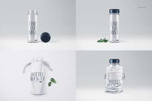 Clear water bottle mockup set showing bottles with black lids, mint leaves, and a white drawstring pouch on a light background.