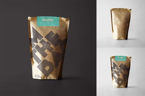Standing paper bag mockup with a natural kraft texture, geometric pattern, and teal label, shown in various lighting.