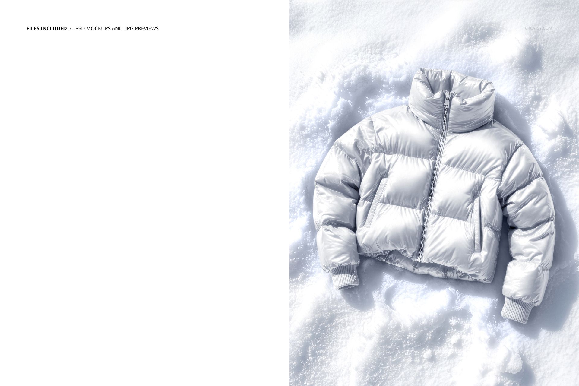 Kids puffer jacket mockup in light gray color, displayed on snow from a top view with soft shadows.