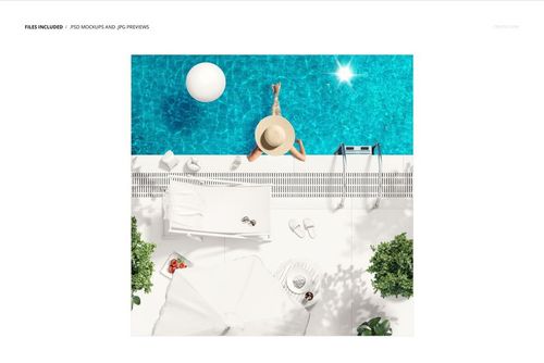 Overhead perspective of a swimming pool mockup featuring a towel, white lounge chair, umbrella, and greenery.