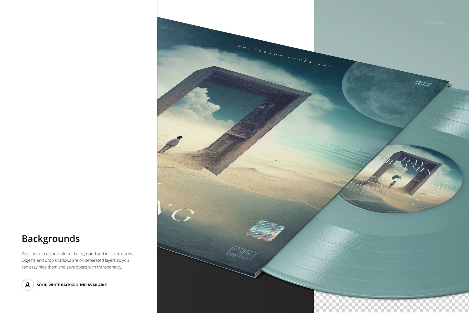 Colored vinyl record mockup displayed at an angle with a cover showing a dreamy scene and soft color palette.