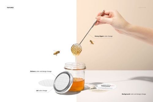 Glass honey jar with a customizable sticker mockup, honey dipper held above jar, and bees flying nearby on a light background.