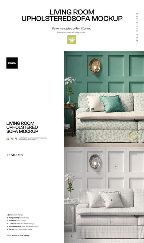 PSD mockup showing a teal upholstered sofa with gold accents and a white sofa against paneled walls in a living room.