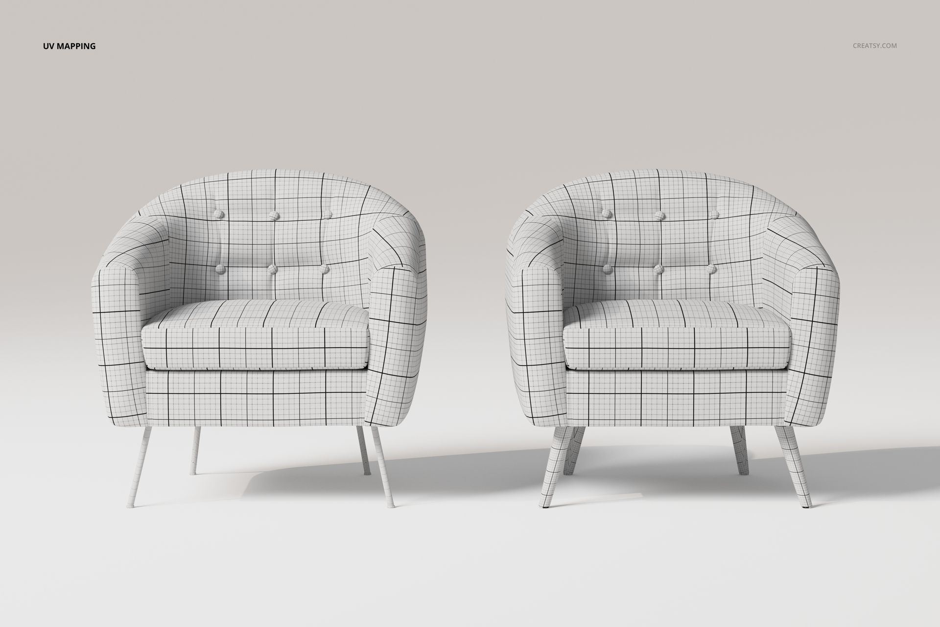 Front view of two button upholstered armchairs with a grid pattern, shown on a light background in a minimal scene.