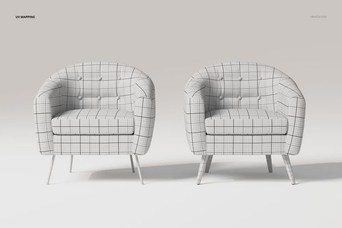 Front view of two button upholstered armchairs with a grid pattern, shown on a light background in a minimal scene.