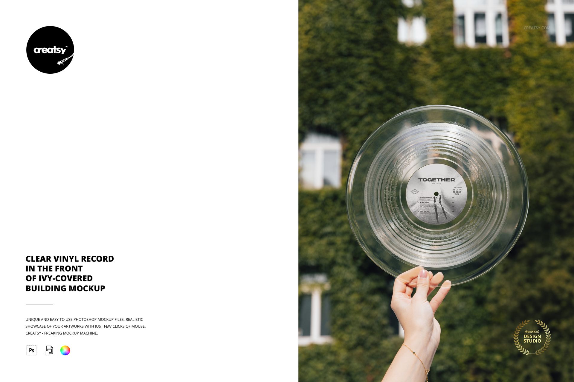 Transparent vinyl record mockup held up against a background of ivy-covered building and windows outdoors.