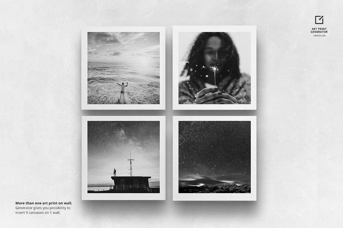 PSD mockup showing four black and white art prints in a grid layout against a light gray wall background.