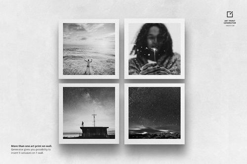 PSD mockup showing four black and white art prints in a grid layout against a light gray wall background.
