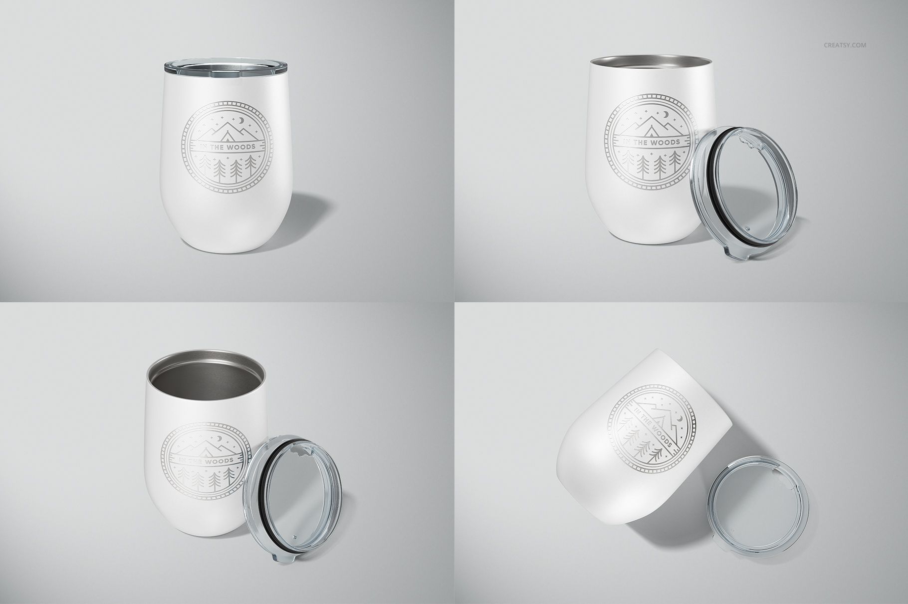 Four views of a white stemless wine cup with a transparent lid, featuring a minimal mountain and tree design.