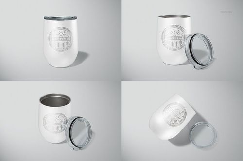 Four views of a white stemless wine cup with a transparent lid, featuring a minimal mountain and tree design.