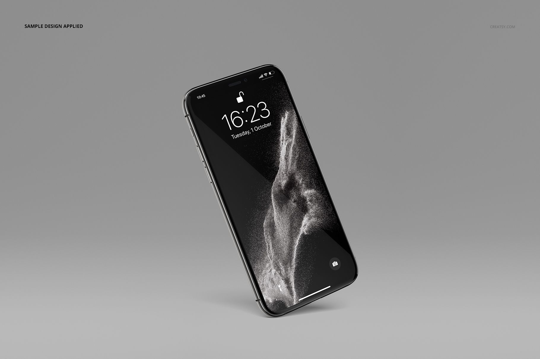 Single iPhone 11 Pro mockup displayed at a slight angle with a black and white abstract design on the screen.