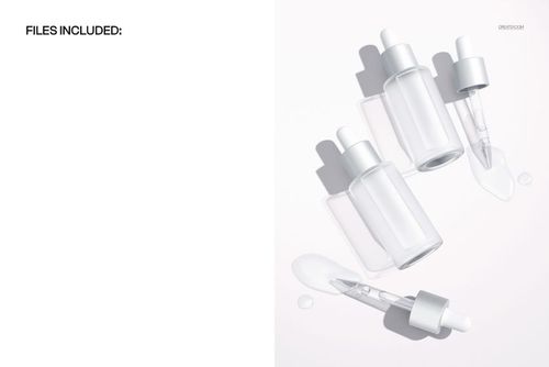 Three transparent dropper bottles with silver caps and spilled white serum on a white surface, top view mockup.