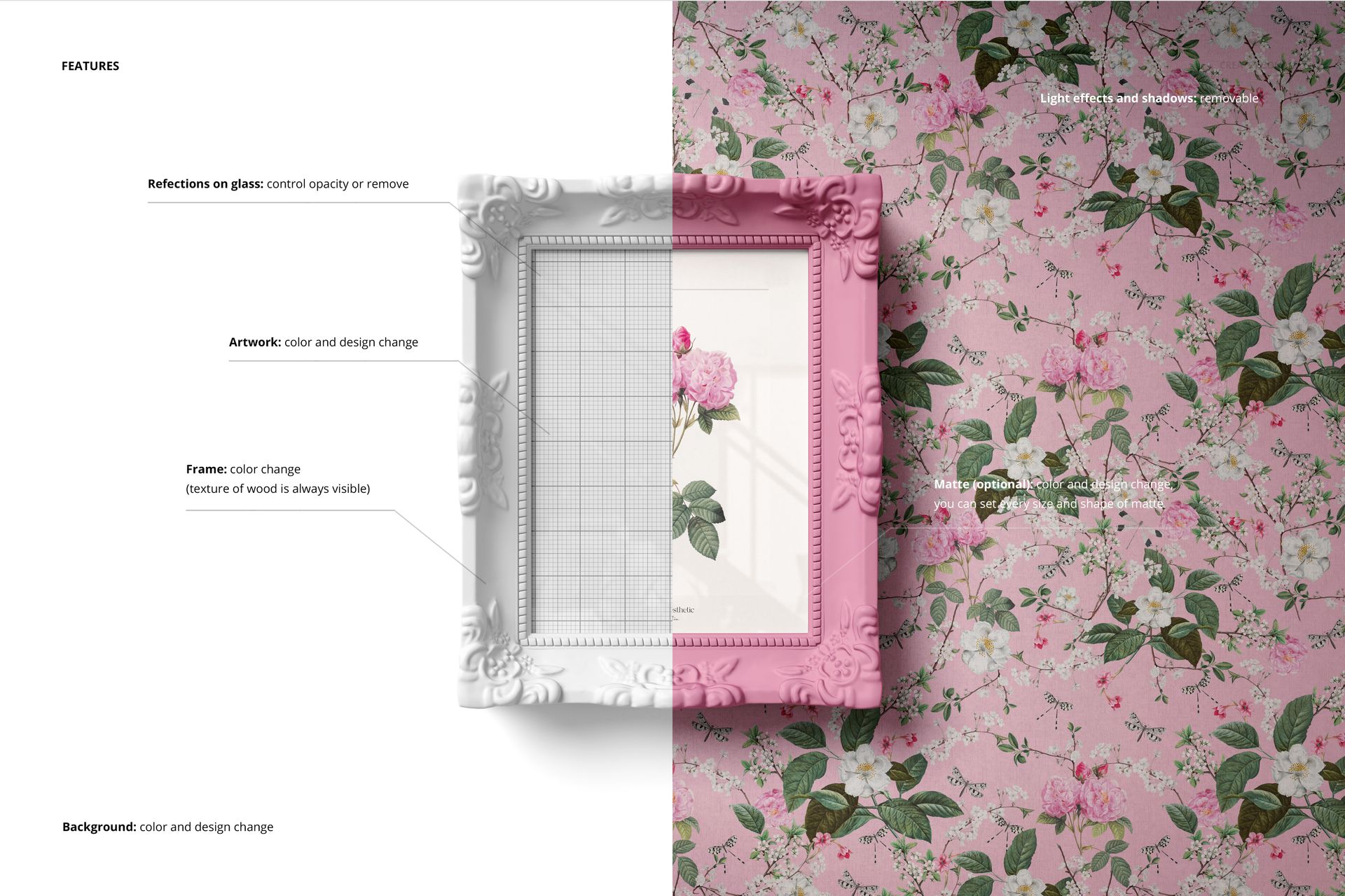 Front view of a classic painted picture frame mockup, half white and half pink, displaying floral artwork on a split floral and white background.