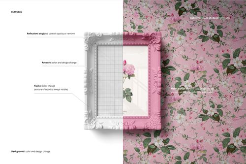 Front view of a classic painted picture frame mockup, half white and half pink, displaying floral artwork on a split floral and white background.