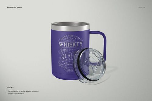 Front view of a 15 oz camp coffee mug with a purple body, metallic rim, and transparent lid placed beside it.