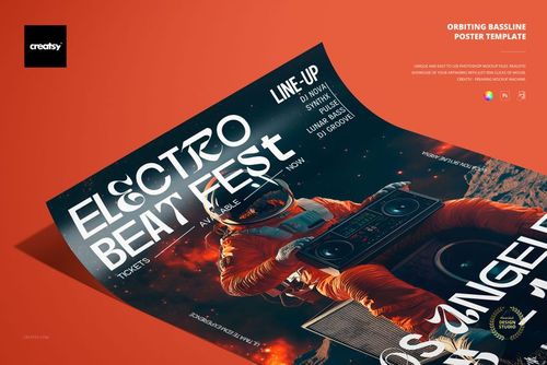 Front view of a poster mockup featuring an astronaut in an orange suit holding a boombox, with bold white text and a space-themed background.