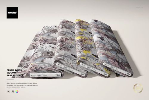 Front view of fabric bolts mockup showing artistic leaf and flower patterns in neutral and pastel colors on a light background.