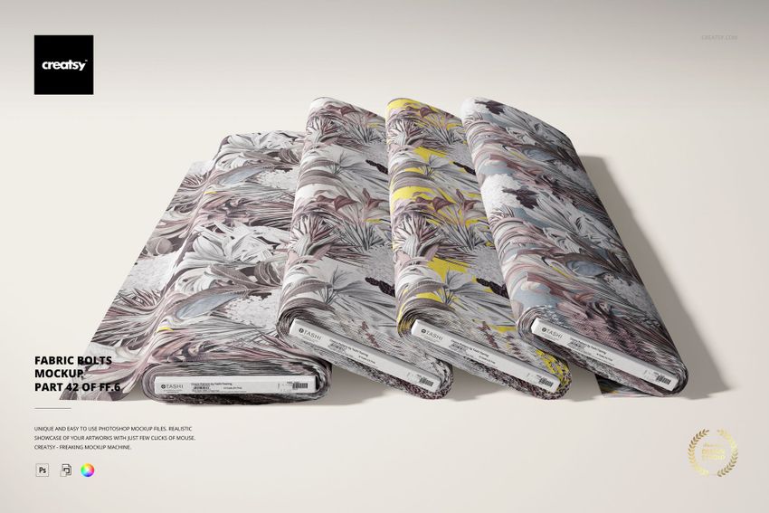 Front view of fabric bolts mockup showing artistic leaf and flower patterns in neutral and pastel colors on a light background.