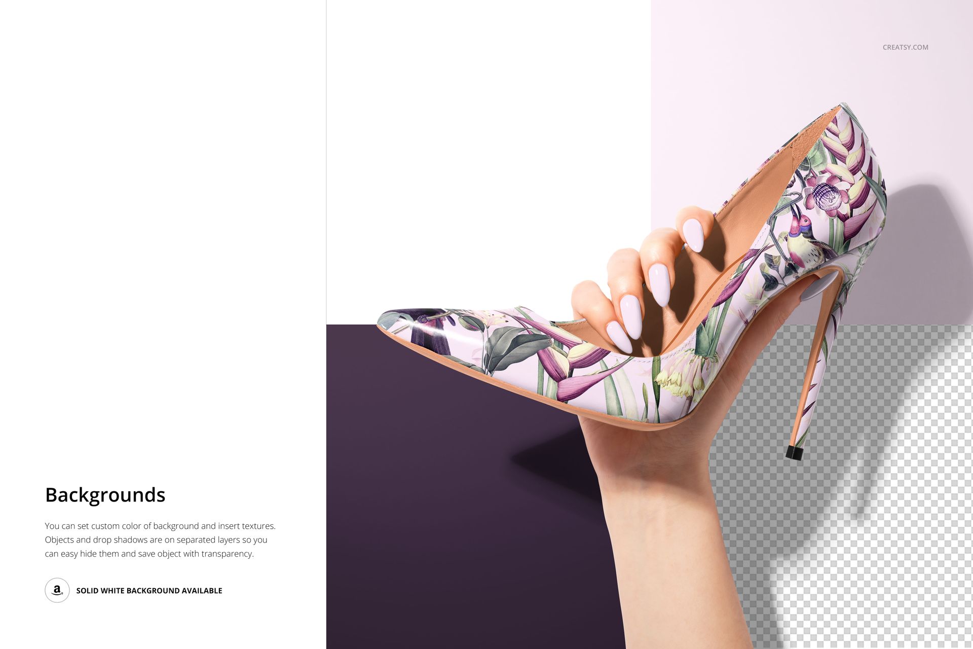 Side view of a floral patterned high heel shoe mockup held by a hand, with purple and white background sections.