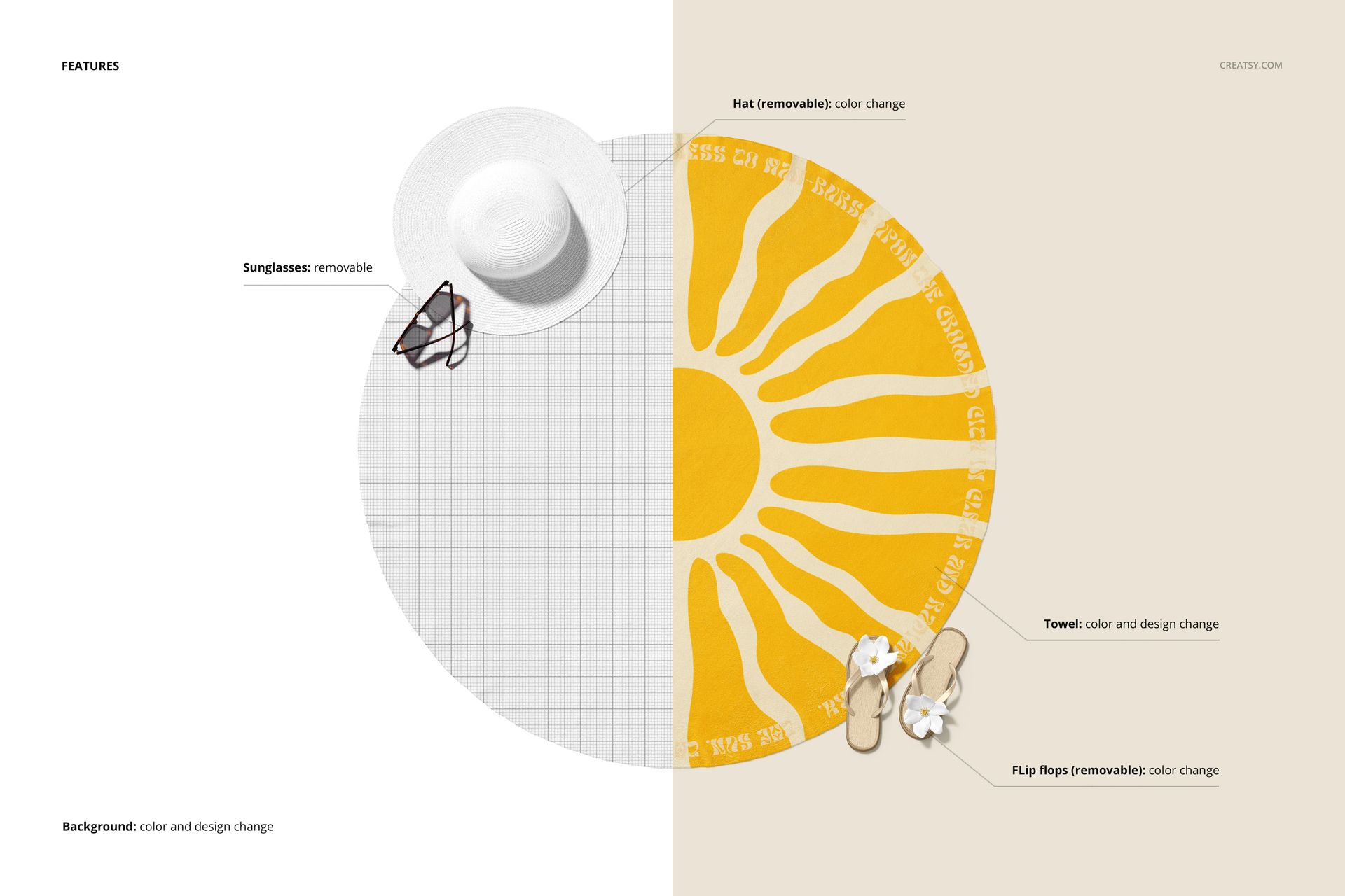 Round beach towel mockup shown from top view, half in yellow sunburst pattern and half in gray grid, with hat and sunglasses.