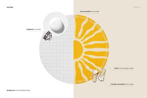 Round beach towel mockup shown from top view, half in yellow sunburst pattern and half in gray grid, with hat and sunglasses.