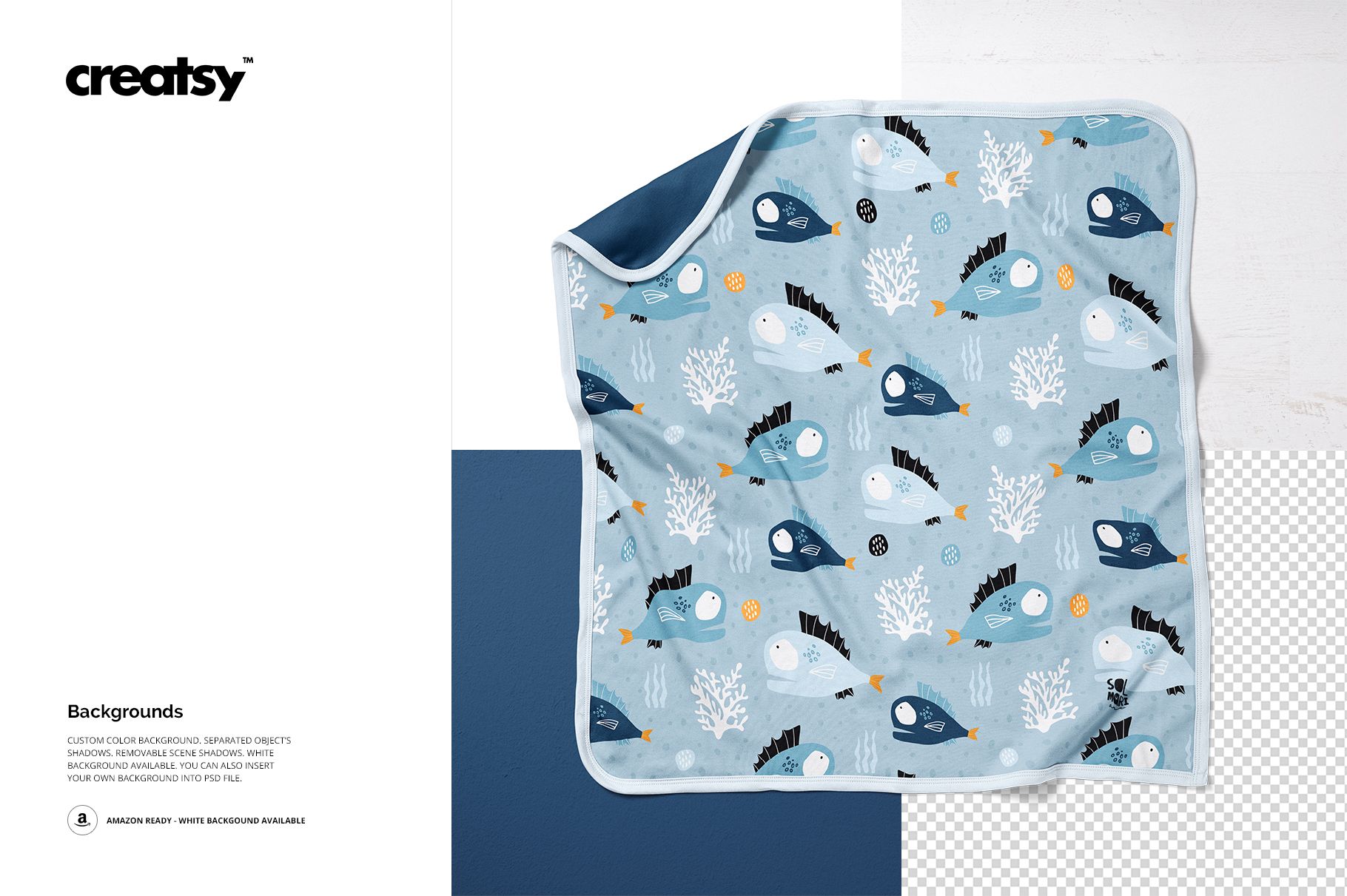 Cotton baby blanket mockup with a blue ocean-themed pattern featuring whales and fish, displayed from a top view.