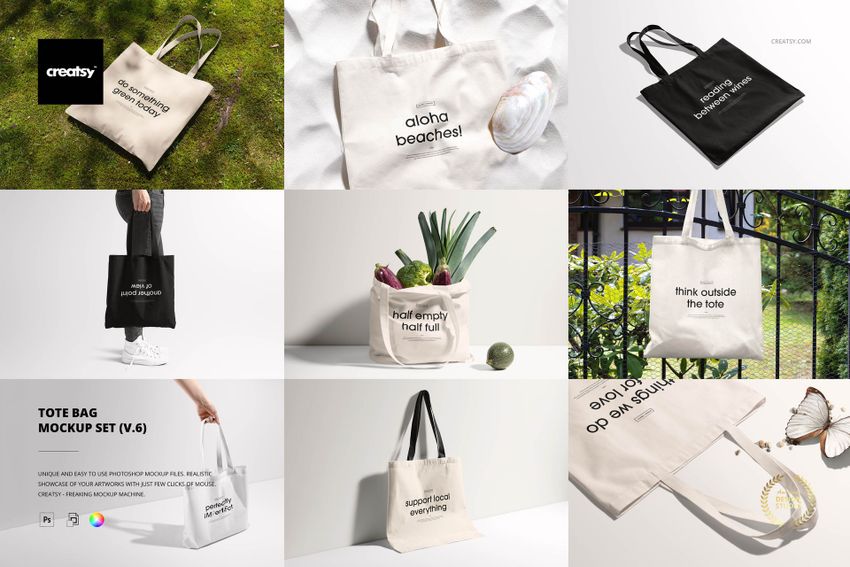 Set of tote bag mockups displayed in various scenes, featuring neutral colors and simple text designs.