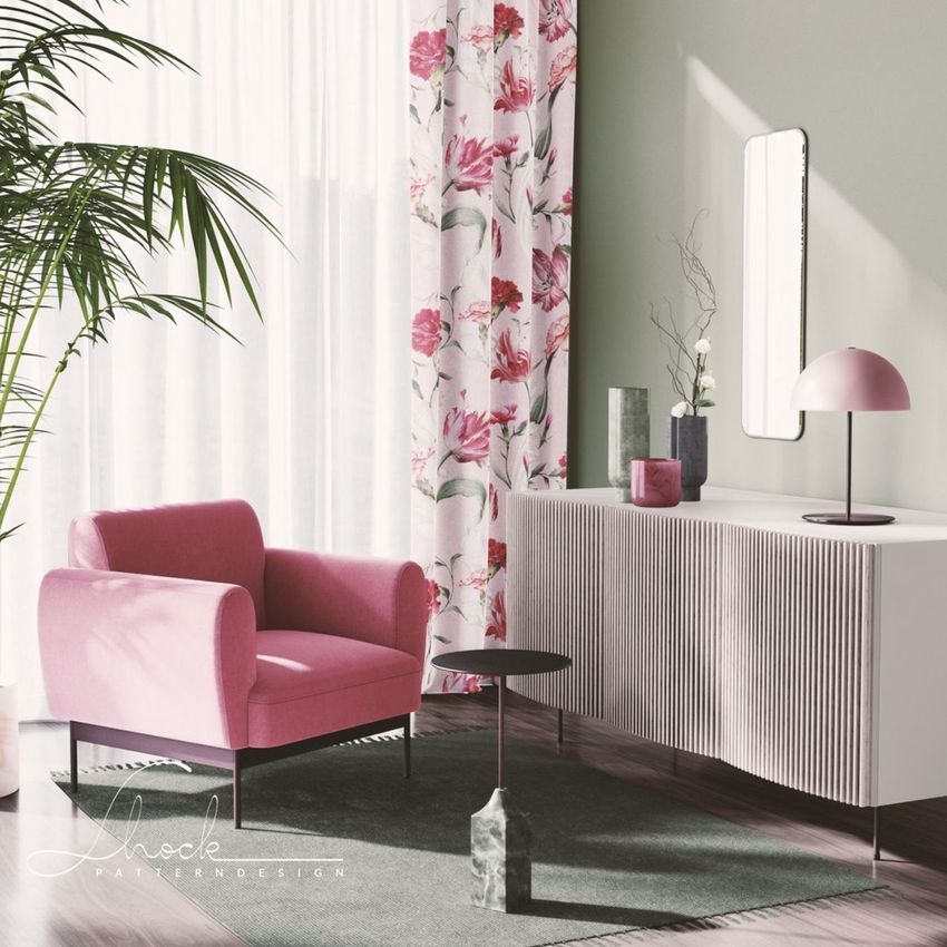 Mid-century modern interior mockup featuring a pink armchair, floral curtains, and a white sideboard with decor items.