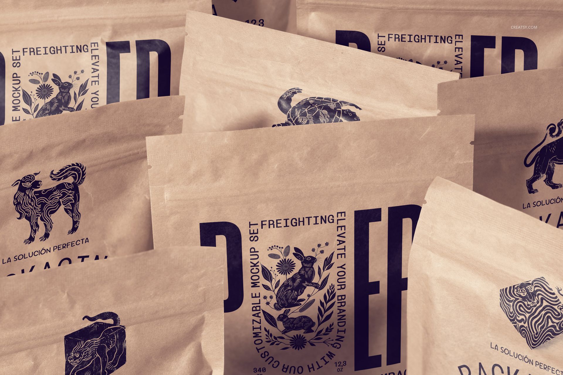 PSD mockup of brown paper packaging pouches with visible black artwork and lettering, grouped in a layered display.