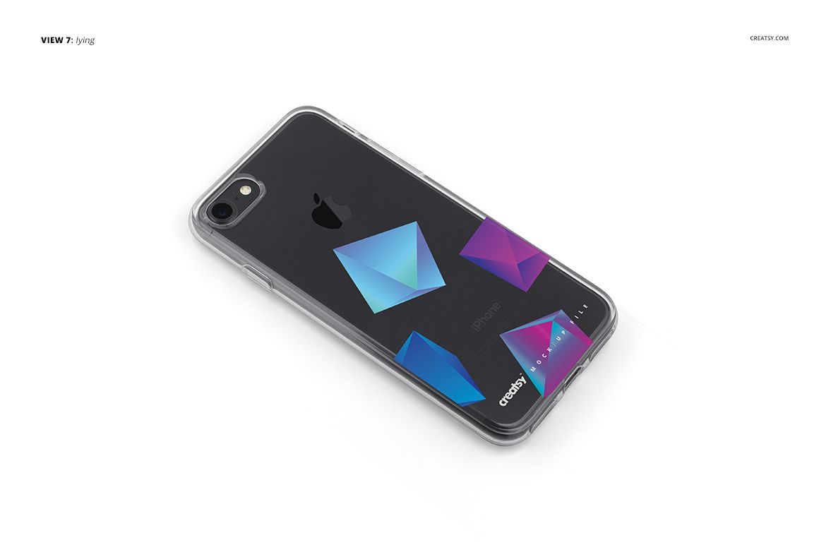 PSD mockup of an iPhone 7 clear case with vibrant polygon designs, presented on a clean, minimal background.