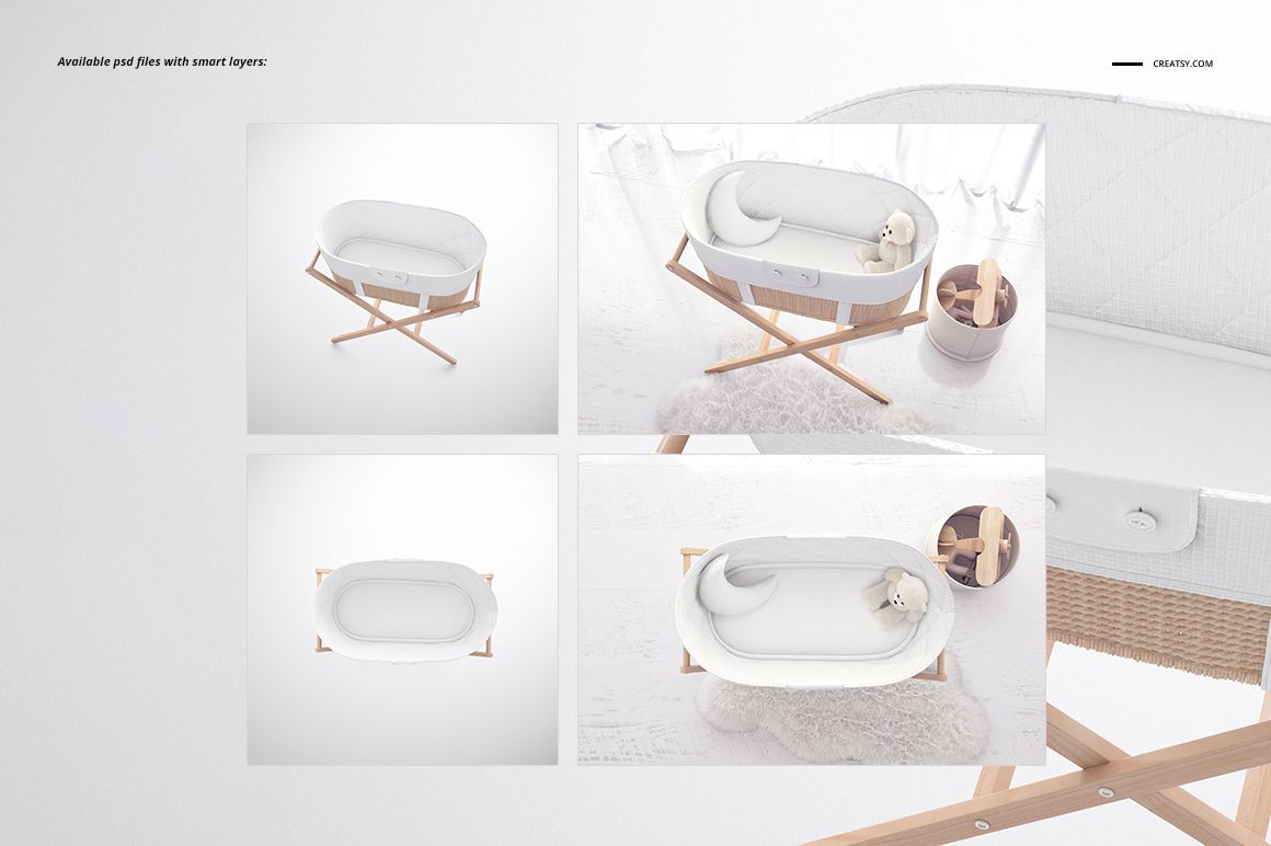 Bassinet liner mockup set featuring a white oval liner in a wooden bassinet, shown from multiple angles on a light background.