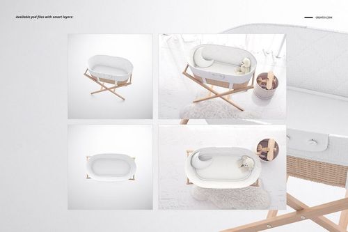 Bassinet liner mockup set featuring a white oval liner in a wooden bassinet, shown from multiple angles on a light background.