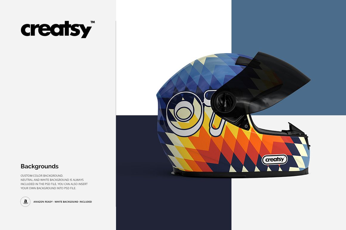 Geometric patterned motorcycle helmet mockup displayed from the right side, set against a divided blue and white backdrop.