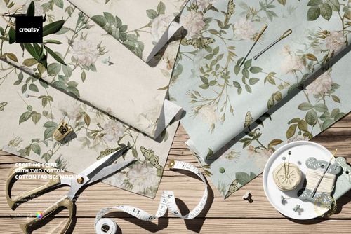 PSD mockup showing two folded cotton fabrics with nature-inspired designs, surrounded by pins, thread, and crafting props.