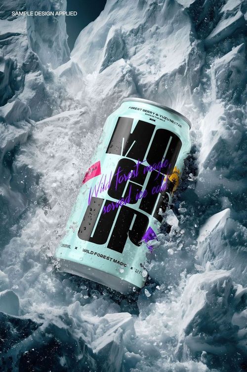 Beverage can mockup with bold graphic design, shown in a close-up front view surrounded by icy frozen terrain.