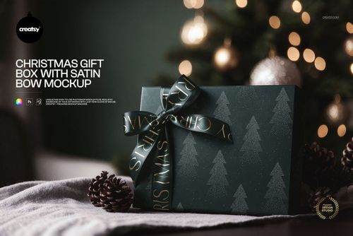 Christmas Gift Box with Satin Bow Mockup - mockup preview 1