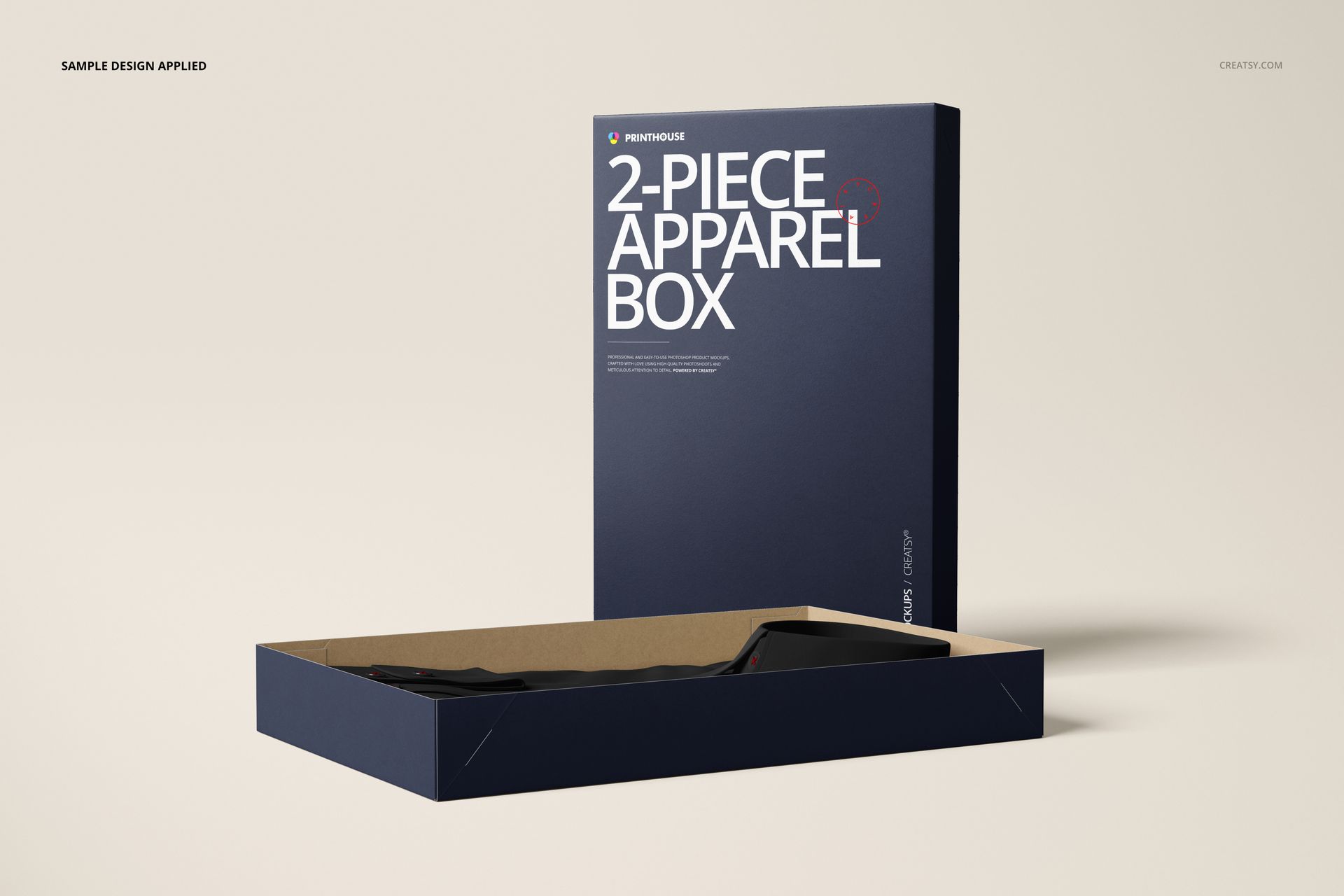 Two-piece apparel box in dark blue with lid standing upright and base open, viewed from a front angle on a neutral background.