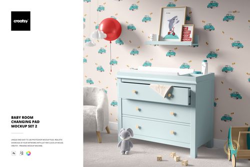 Baby room scene featuring a pastel blue changing pad dresser, plush toys, and wall with teal car pattern, PSD mockup.