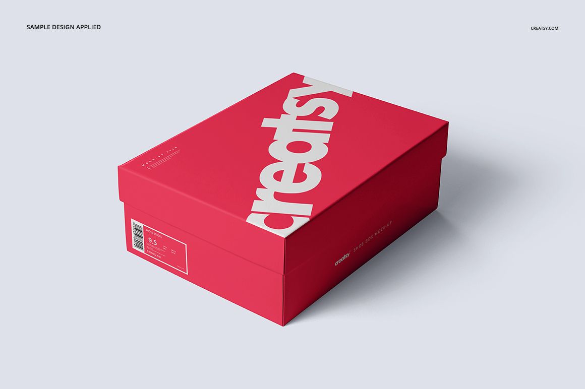 Shoe box mockup featuring a bold red color and large white lettering, displayed from an angled perspective.