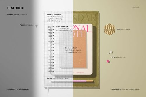 Top view of a stationery mockup bundle with spiral notebook, leather calendar, pencil, and various props on two-tone surface.