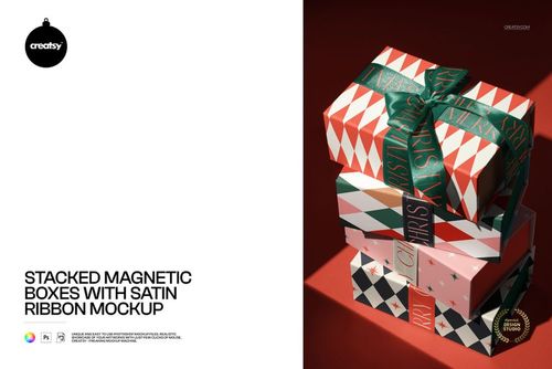 Stacked Magnetic Boxes with Satin Ribbon Mockup - mockup preview 1